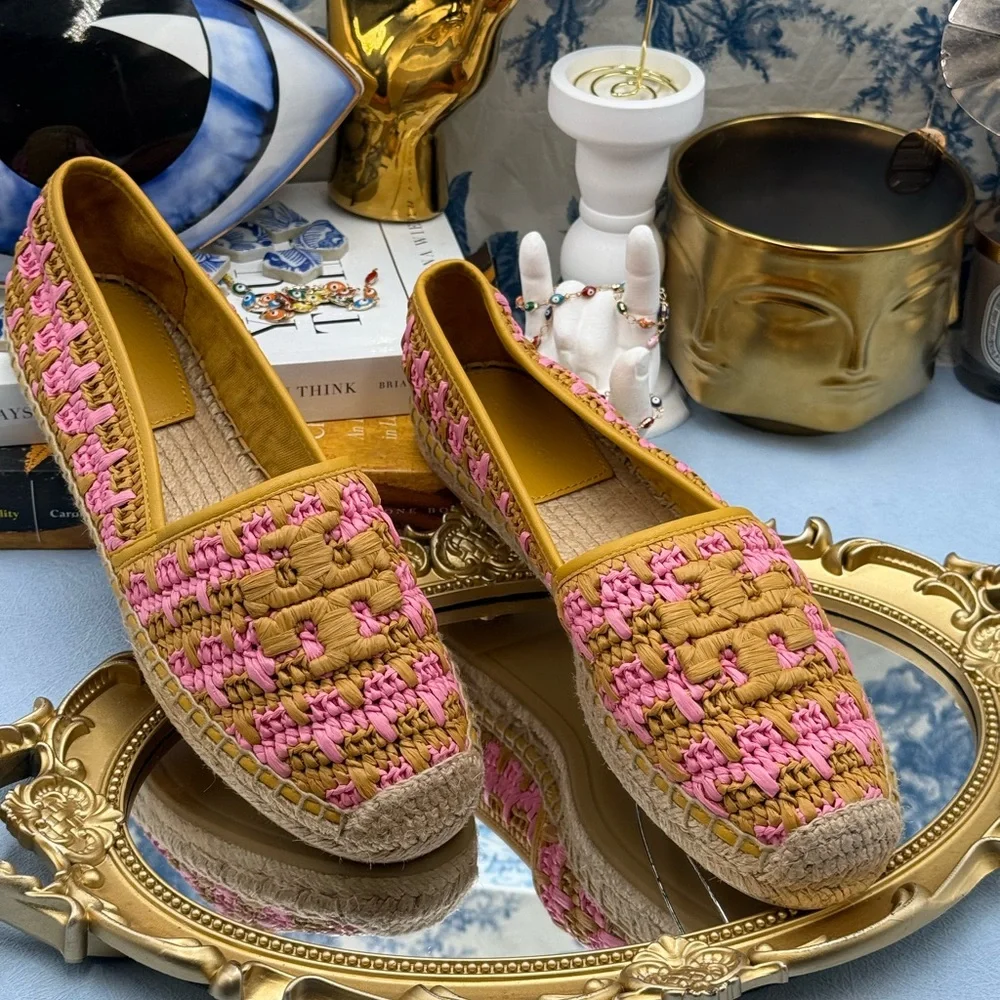 🆕 TORY BURCH 🧿 NWOB Eleanor Crochet Woven Espadrilles, Pink Carnation - Sz 7